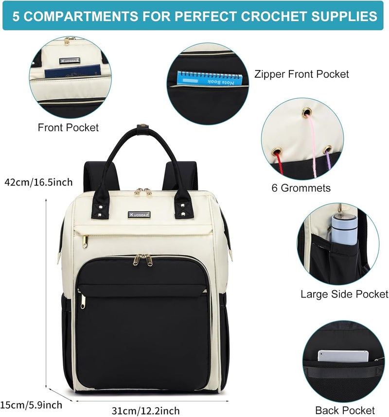 Kuosdaz Crochet Bag Backpack, Large Yarn Storage Crochet Organizer, Christmas Gifts Travel Crochet Backpack for Women, Knitting & Crochet Accessories for Crochet Hooks, Black & White - Image 4